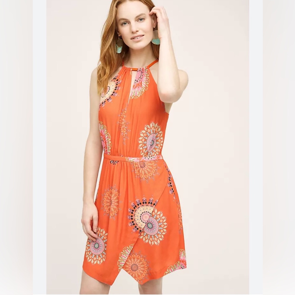 Anthropologie Orange Sleeveless Dress with Floral Patterns NWT